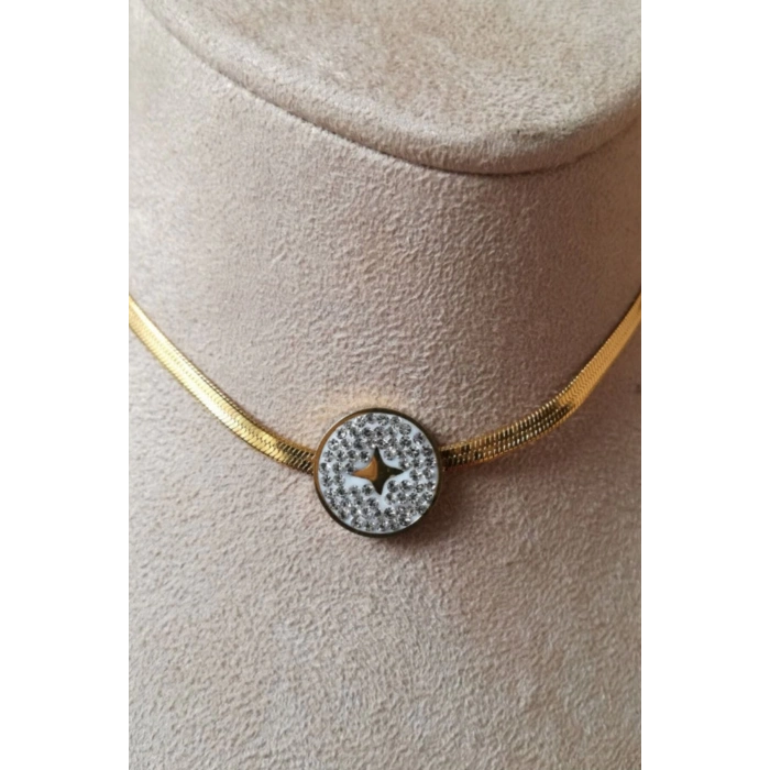 yuvarlak tasarim ince gold italyan zincirli altin renkli zirkon tasli kaliteli paslanmaz celik kolye stainless stell