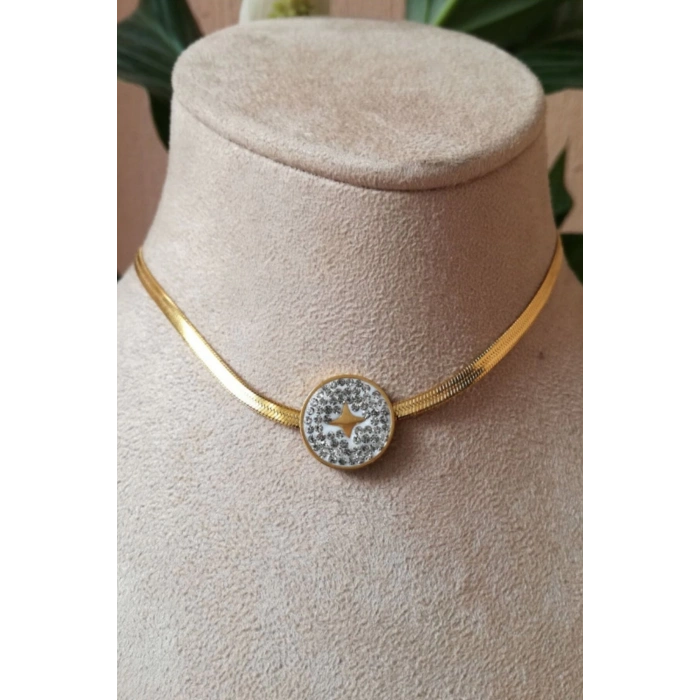 yuvarlak tasarim ince gold italyan zincirli altin renkli zirkon tasli kaliteli paslanmaz celik kolye stainless stell
