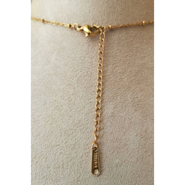 yuvarlak tasarim ince gold zincirli altin renkli zirkon tasli cift sallantili kaliteli paslanmaz celik kolye stainless stell