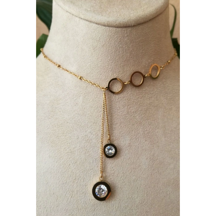 yuvarlak tasarim ince gold zincirli altin renkli zirkon tasli cift sallantili kaliteli paslanmaz celik kolye stainless stell