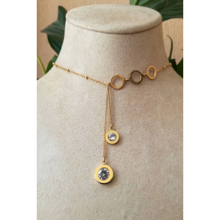 yuvarlak tasarim ince gold zincirli altin renkli zirkon tasli cift sallantili kaliteli paslanmaz celik kolye stainless stell