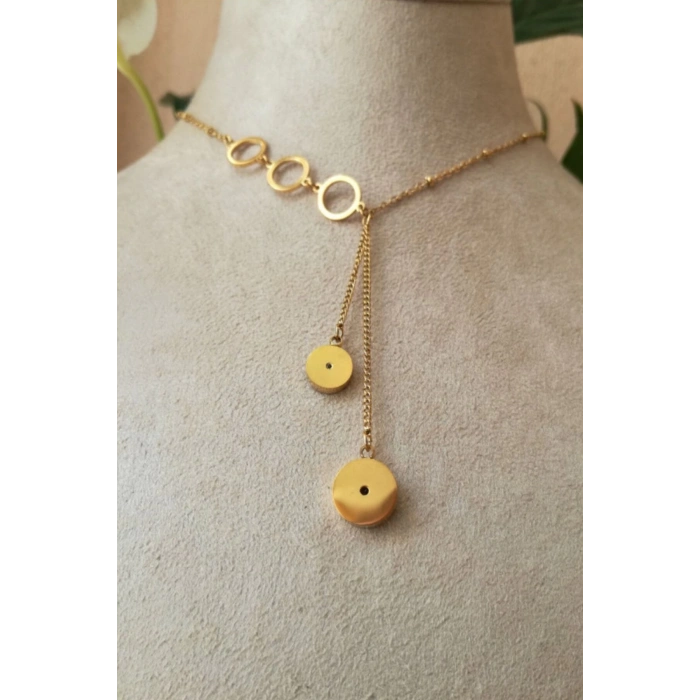 yuvarlak tasarim ince gold zincirli altin renkli zirkon tasli cift sallantili kaliteli paslanmaz celik kolye stainless stell