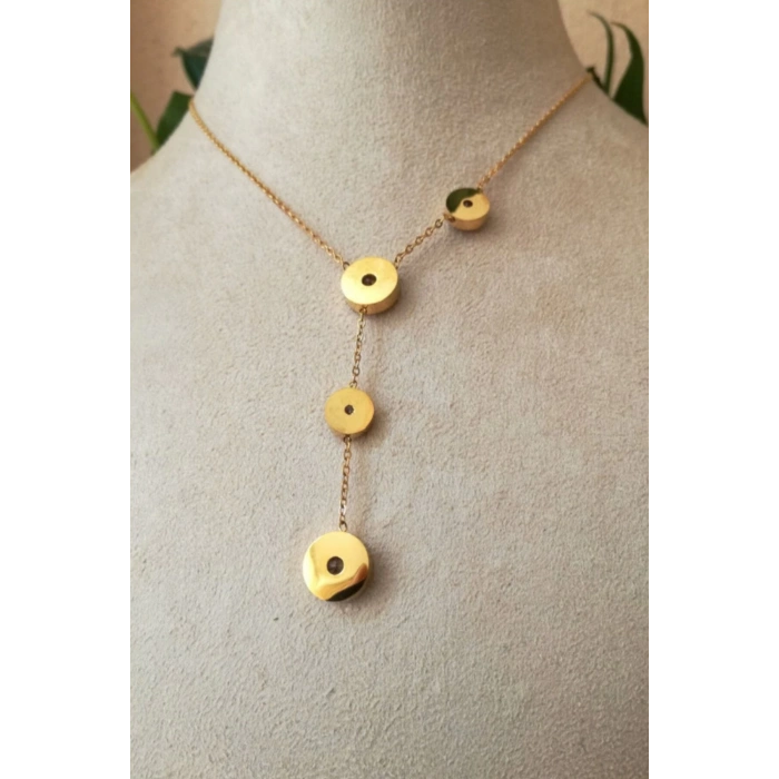 yuvarlak tasarim ince gold zincirli altin renkli zirkon tasli kaliteli paslanmaz celik kolye stainless stell