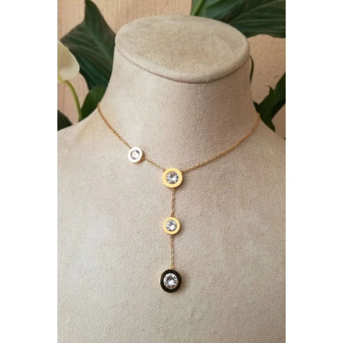 yuvarlak tasarim ince gold zincirli altin renkli zirkon tasli kaliteli paslanmaz celik kolye stainless stell