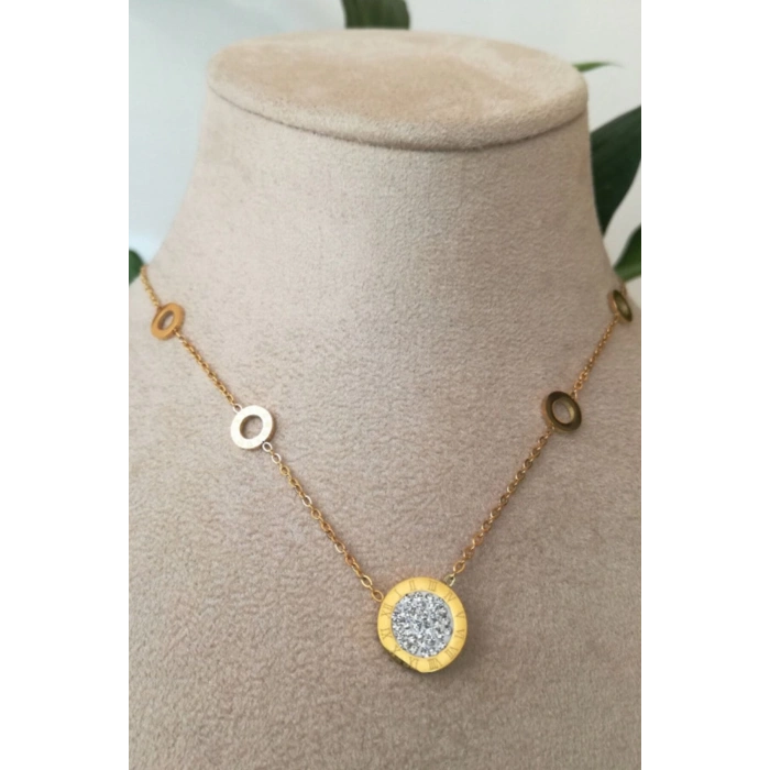 yuvarlak tasarim ince gold zincirli cift tarafli zirkon tasli altin renkli kaliteli paslanmaz celik kolye stainless stell