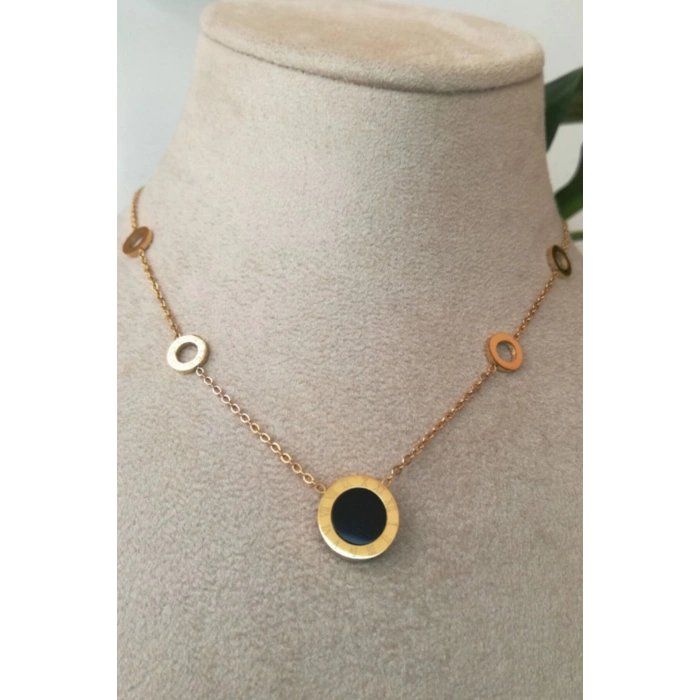 yuvarlak tasarim ince gold zincirli cift tarafli zirkon tasli altin renkli kaliteli paslanmaz celik kolye stainless stell