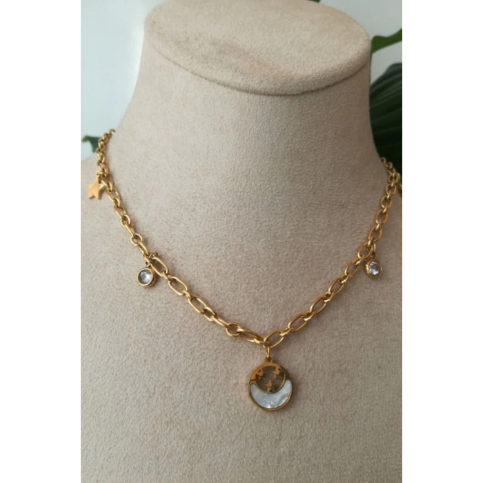 yuvarlak tasarim ince gold zincirli zirkon ay tasli altin renkli kaliteli paslanmaz celik kolye stainless stell