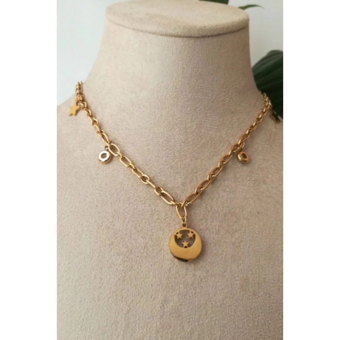 yuvarlak tasarim ince gold zincirli zirkon ay tasli altin renkli kaliteli paslanmaz celik kolye stainless stell