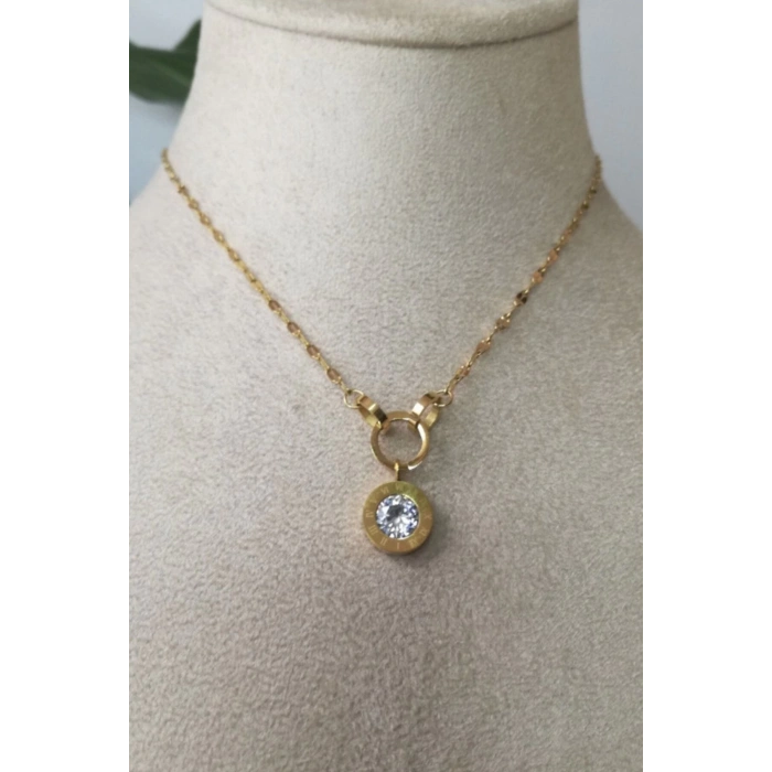 yuvarlak tasarim ince gold zincirli zirkon tasli altin renkli kaliteli paslanmaz celik kolye stainless stell