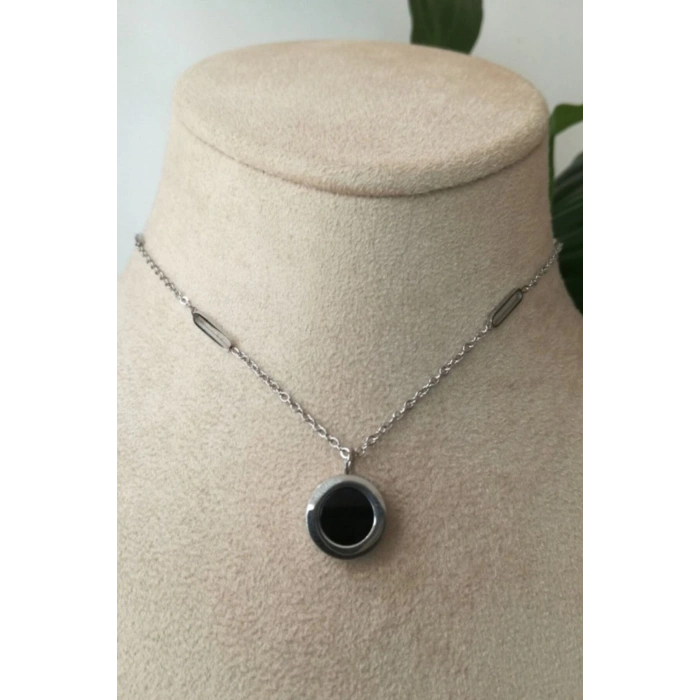 yuvarlak tasarim ince silver zincirli gumus renkli akik tasli kaliteli paslanmaz celik kolye stainless stell