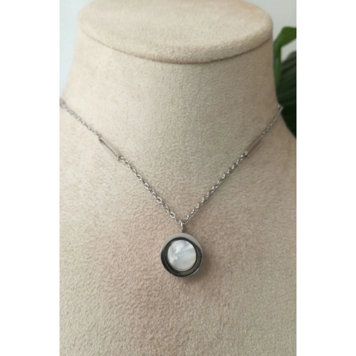 yuvarlak tasarim ince silver zincirli gumus renkli akik tasli kaliteli paslanmaz celik kolye stainless stell