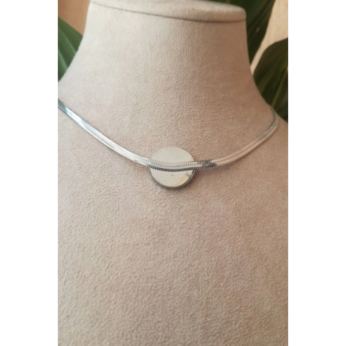 yuvarlak tasarim italyan zincirli beyaz zirkon tasli gumus renkli kaliteli paslanmaz celik kolye stainless stell