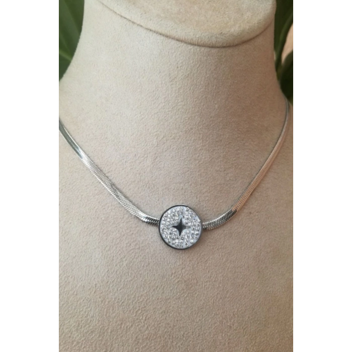 yuvarlak tasarim italyan zincirli beyaz zirkon tasli gumus renkli kaliteli paslanmaz celik kolye stainless stell