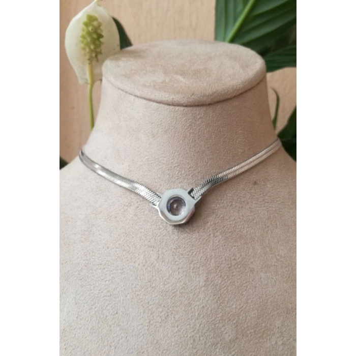 yuvarlak tasarim italyan zincirli siyah zirkon tasli gumus renkli kaliteli paslanmaz celik kolye stainless stell