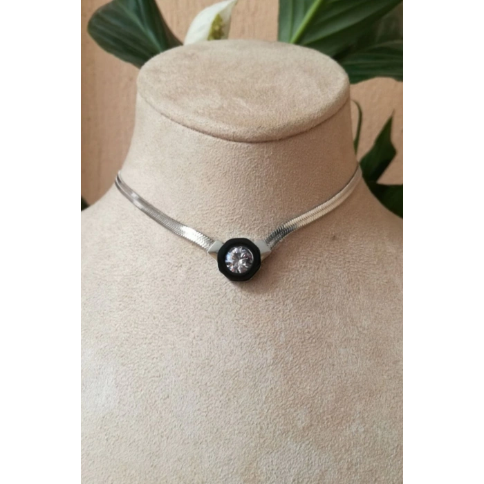 yuvarlak tasarim italyan zincirli siyah zirkon tasli gumus renkli kaliteli paslanmaz celik kolye stainless stell