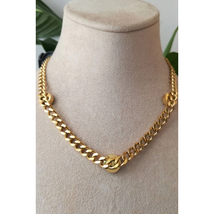 yuvarlak tasarim kalin gold zincirli tasli altin renkli kaliteli paslanmaz celik kolye stainless stell