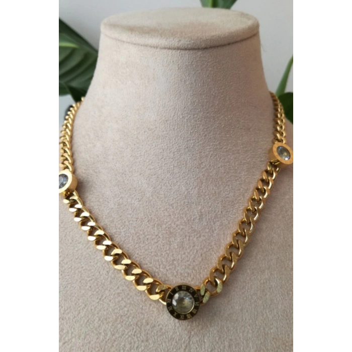 yuvarlak tasarim kalin gold zincirli tasli altin renkli kaliteli paslanmaz celik kolye stainless stell