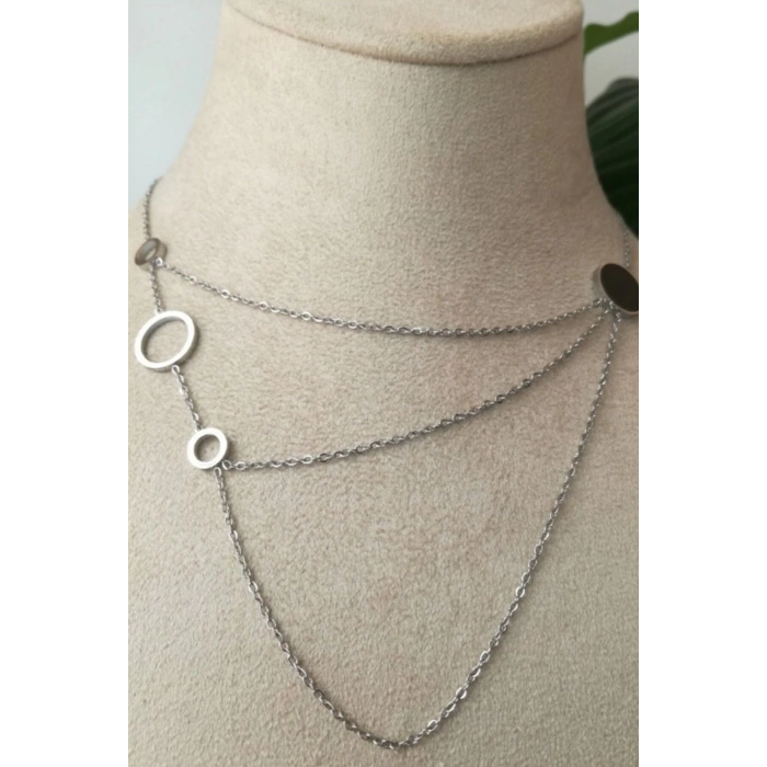 yuvarlak tasarimli ince silver zincirli gumus renkli akik tasli kaliteli paslanmaz celik kolye stainless stell