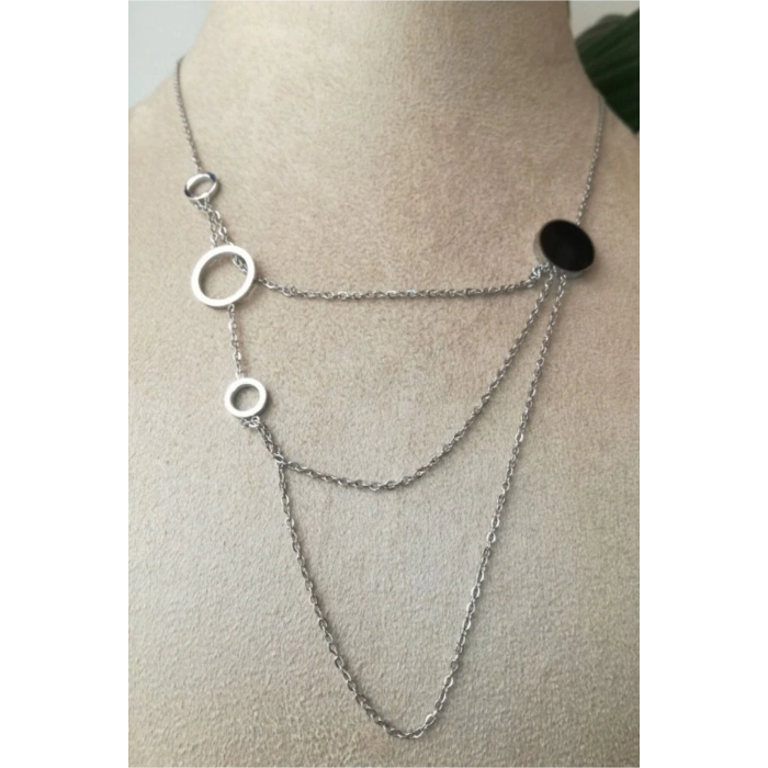 yuvarlak tasarimli ince silver zincirli gumus renkli akik tasli kaliteli paslanmaz celik kolye stainless stell