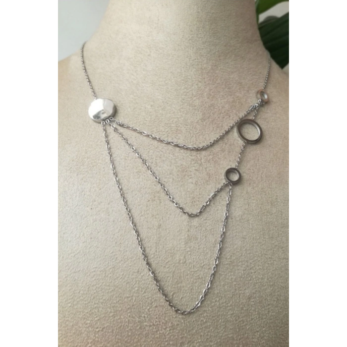 yuvarlak tasarimli ince silver zincirli gumus renkli akik tasli kaliteli paslanmaz celik kolye stainless stell