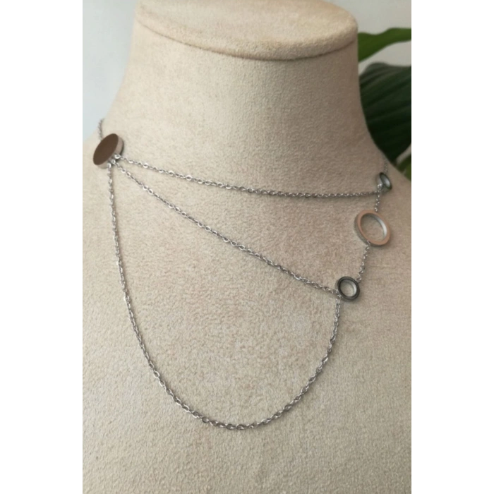 yuvarlak tasarimli ince silver zincirli gumus renkli akik tasli kaliteli paslanmaz celik kolye stainless stell