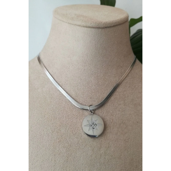 yuvarlak yildiz tasarim italyan zincirli beyaz tasli gumus renkli kaliteli paslanmaz celik kolye stainless stell