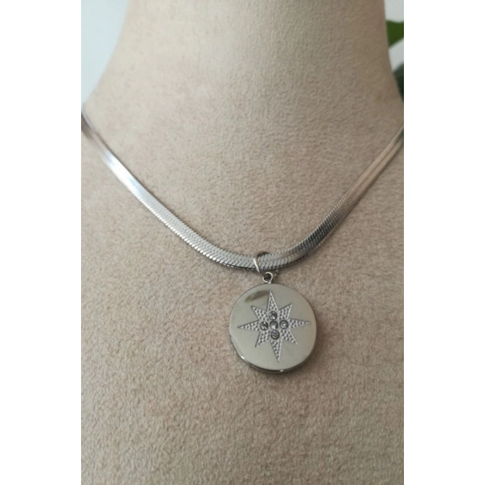 yuvarlak yildiz tasarim italyan zincirli beyaz tasli gumus renkli kaliteli paslanmaz celik kolye stainless stell