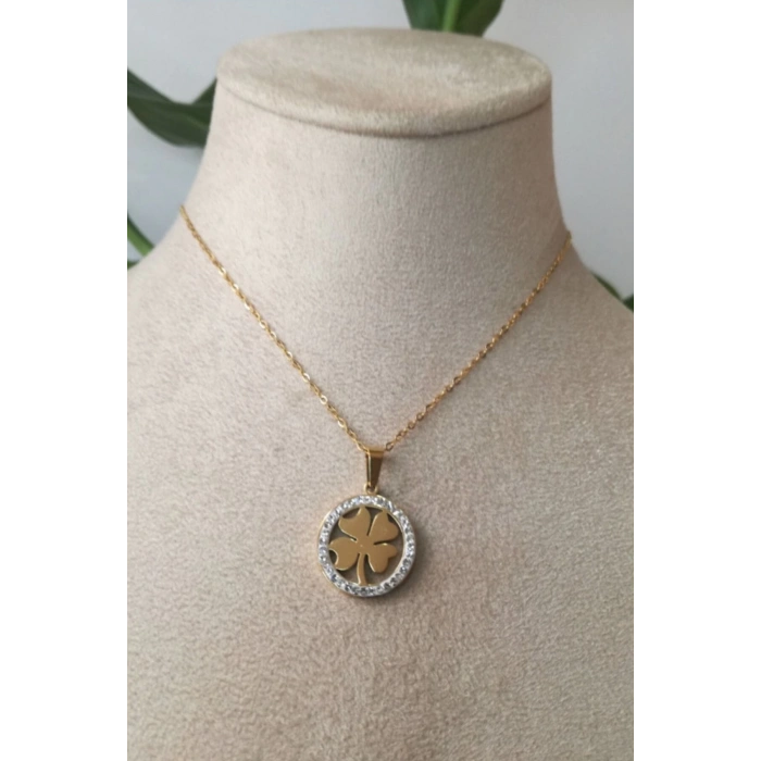 yuvarlak yonca tasarim ince gold zincirli zirkon tasli altin renkli kaliteli paslanmaz celik kolye stainless stell
