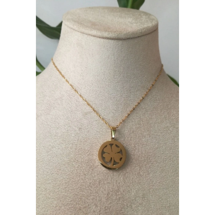 yuvarlak yonca tasarim ince gold zincirli zirkon tasli altin renkli kaliteli paslanmaz celik kolye stainless stell