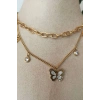 kelebekli tasarim ince gold cift zincirli altin renkli kaliteli paslanmaz celik kolye stainless stell