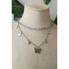 kelebekli tasarim ince silver cift zincirli gumus renkli kaliteli paslanmaz celik kolye stainless stell