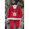 kirmizi renkli happy new year baskili nakisli kapusonlu pamuklu uzun kollu alt ust cocuk takim