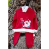 kirmizi renkli noel baba baskili nakisli pamuklu uzun kollu kapusonlu alt ust cocuk takim