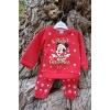 kirmizi renkli the perfect christmas mickey mouse baskili nakisli pamuklu uzun kollu cocuk alt ust takim