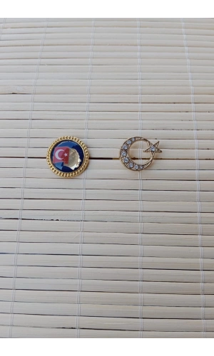 2 Adet Ata rozeti Tasli Sari renkli Ayyildiz Sarrafiyeli Taki ceket yaka ignesi yaka rozeti