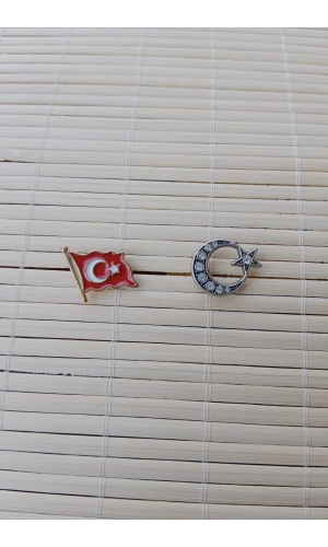 2 Adet Dalgalanan Bayrak ve Beyaz Tasli Ayyildiz Sarrafiyeli Taki ceket yaka ignesi yaka rozeti