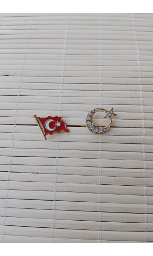 2 Adet Dalgalanan Bayrak ve Tasli Sari renkli Ayyildiz Sarrafiyeli Taki ceket yaka ignesi yaka rozeti