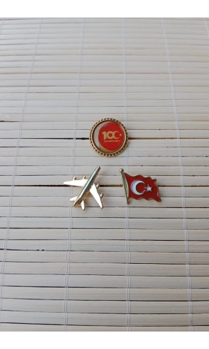 3 Adet 100. yil Dalgalanan Bayrak Sari renkli ucak maketli Sarrafiyeli Taki ceket yaka ignesi yaka rozeti