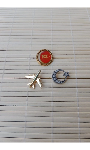 3 Adet 100. yil Sari renkli ucak maketli Tasli Beyaz renkli Ayyildiz Sarrafiyeli Taki ceket yaka ignesi yaka rozeti