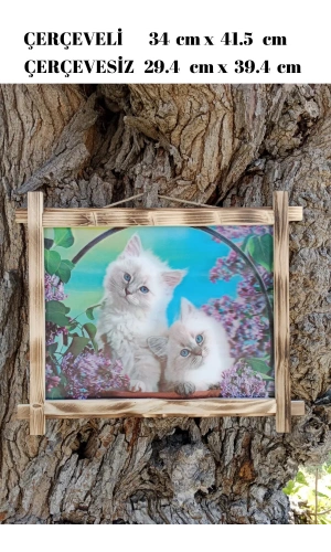 5d recine elmas boyama 180° hareketli 2 li mavi gozlu sevimli kediler cerceveli tablo resim