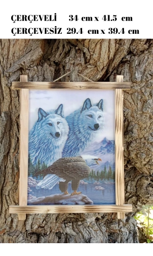 5d recine elmas boyama 180° hareketli ikili beyaz kurtlar ve kartal cerceveli tablo resim