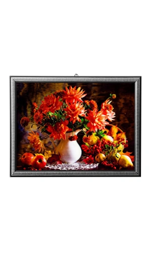 5d recine elmas boyama 180° hareketli meyve sepeti ve vazodaki cicekler cerceveli tablo resim