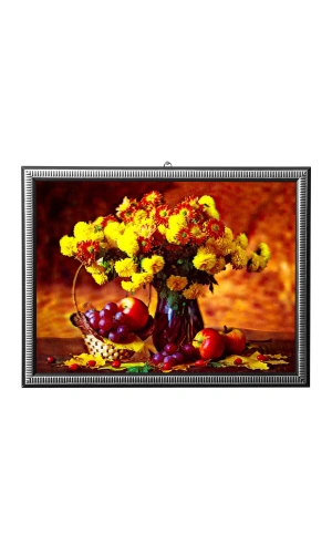 5d recine elmas boyama 180° hareketli vazodaki cicekler ve meyve sepeti cerceveli tablo resim