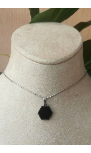 altigen tasarim ince silver zincirli gumus renkli akik tasli kaliteli paslanmaz celik kolye stainless stell