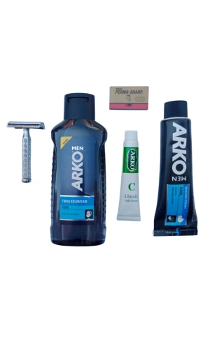 Arko Men Cool Tras Kolonyasi Arko Men Cool Tras Kremi Jel Orak Paslanmaz Krom Tras Makinasi Perma Sharp Yaprak Jilet Arko Nem Klasik cilt besleyici Yagli Krem 20 cc Tras Seti