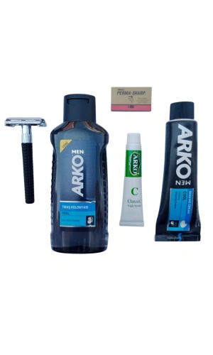 Arko Men Cool Tras Kolonyasi Arko Men Cool Tras Kremi Jel Orak Plastik Sapli Tras Makinasi Perma Sharp Jilet Arko Nem Klasik cilt besleyici Yagli Krem 20 cc Tras Seti