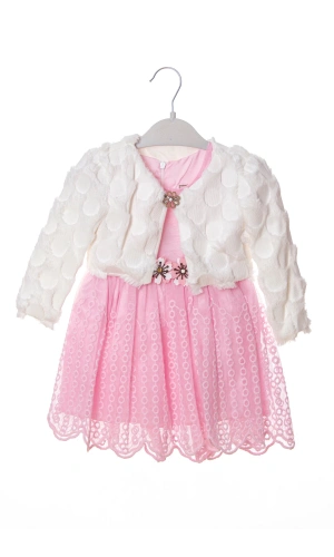 cingene pembe beyaz renkli bolerolu yunlu tullu astarli pamuklu kaliteli uzun kollu kiz cocuk elbise