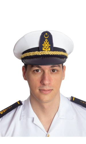 deniz kuvvetleri deniz fakultesi beyaz renkli kokartli yuvarlak kaptan mesdres harici sapka