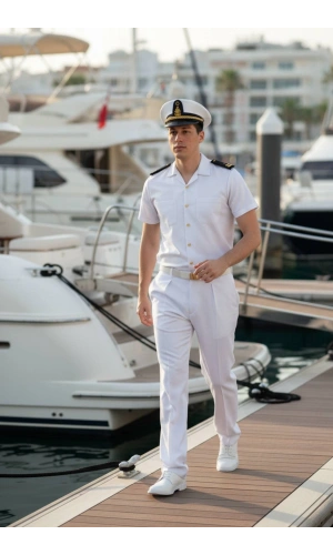 deniz kuvvetleri deniz lisesi ve fakultesi beyaz renkli kisa kollu gomlek yazlik kaliteli pamuklu kumas kaptan pantolon takim mesdres harici sapka kemer
