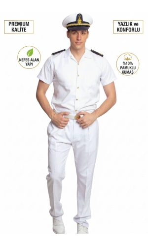 deniz kuvvetleri deniz lisesi ve fakultesi beyaz renkli kisa kollu gomlek yazlik kaliteli pamuklu kumas kaptan pantolon takim mesdres harici sapka kemer ayakkabi